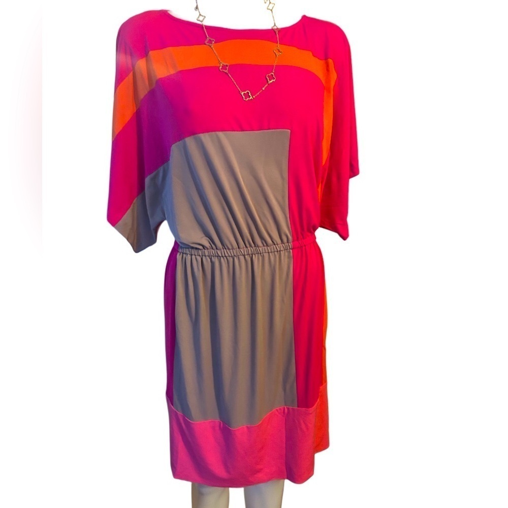 🍀 3 for $20 Suzi Chen Short Sleeve Dress Colorblock Hot Pink Orange Batwing - Picture 2 of 12